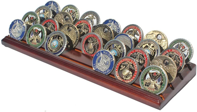 DisplayGifts Challenge Coin Display Stand 4 Row Wooden Holder Rack Case Holds 28 Coins Walnut Finish - Image 1
